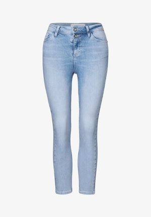 Jeans skinny azzurri chiari in denim, con chiusura a doppio bottone e cinque tasche, texture liscia e vestibilità slim.