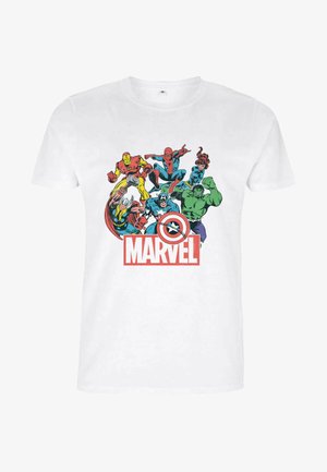 Biała koszulka z bawełny z kolorową grafiką superbohaterów Marvela i logo. Projekt zawiera wiele postaci w żywych kolorach.