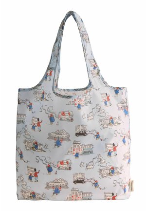 Reusable tote bag with urban sketches of people, cars, dogs, and buildings in red, blue, black, and gray on a light background.