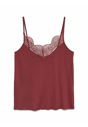 Camisole bourgogne avec bretelles ajustables, présentant une bordure en dentelle festonnée au niveau du col. Tissu doux avec une texture lisse.