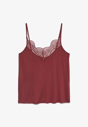 Bordeaux camisole met verstelbare bandjes, voorzien van een scalloped kantafwerking bij de halslijn. Zachte stof met een gladde textuur.