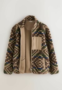 Textured brown fleece jacket featuring geometric patterns in green, blue, and tan. Includes a front pocket and contrasting beige lining.