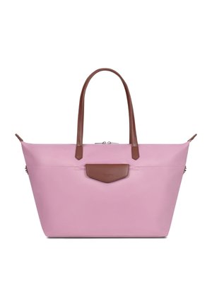 Roze trapeziumvormige draagtas met bruine lederen handvatten en een voorvak met klep, voorzien van een ritssluiting aan de bovenkant.