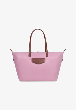 Rosa trapezförmige Tragetasche mit braunen Ledergriffen und einer vorderen Klappentasche, ausgestattet mit einem Reißverschluss oben.
