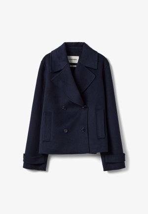 Abrigo de lana azul marino de doble botonadura con solapas anchas, dos bolsillos frontales y puños ajustables, de la marca Stefanel.