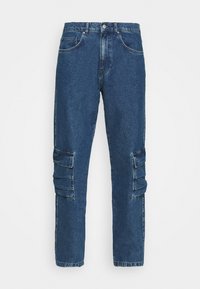 Blue denim cargo pants with a regular fit, featuring side pockets, a zipper fly, and faded accents. Material is slightly textured.