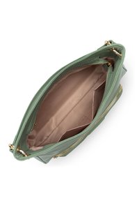 Groene leren handtas met gouden hardware, voorzien van een gladde textuur en een binnenvoering in lichtbeige. Inclusief binnenzak en ritsluiting.