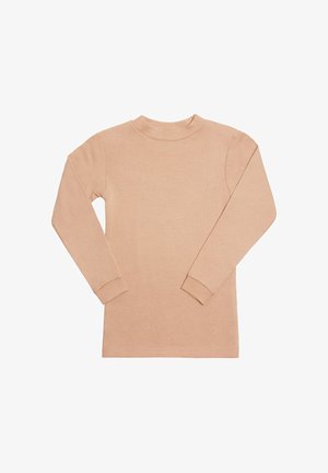 Camiseta de manga larga en suave tela color melocotón. Diseño de cuello redondo con puños acanalados. Textura suave, costuras mínimas y sin gráficos visibles.