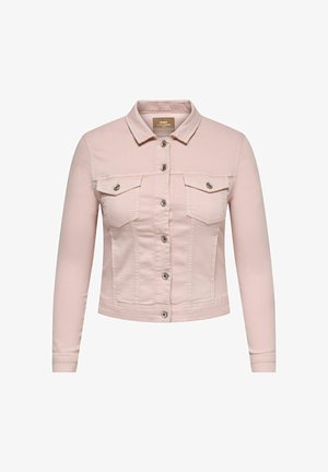 Veste en denim rose clair courte avec manches longues, devant à boutons, poches à rabat sur la poitrine et col.