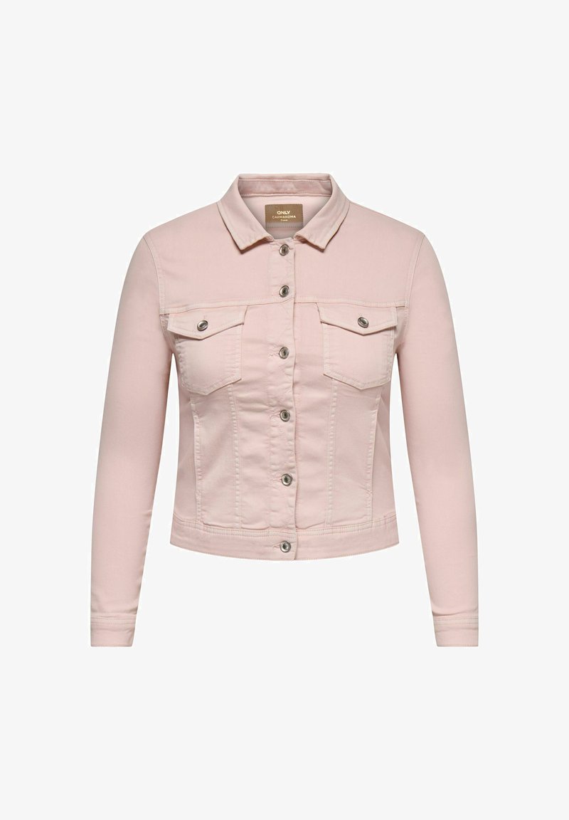 Lyserød cropped denimjakke med lange ærmer, knaplukning foran, brystlommer med klap og krave.