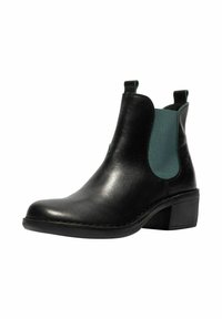 Botín negro de cuero con paneles elásticos laterales verde oscuro, lengüetas de tirón, tacón bajo y suela cosida.