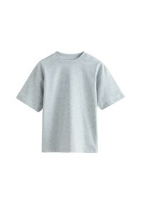 T-shirt en coton gris à manches courtes, col rond et coupe décontractée. Texture lisse avec un motif chiné subtil.