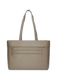 Beige leren tote bag met twee schouderbanden, een ritsluiting en een achtervak. Gladde textuur met minimale stikdetails.