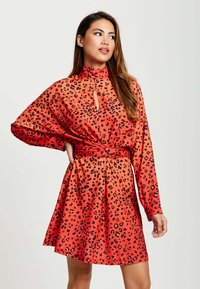 Red leopard-print dress with long sleeves, a high-neck design, and a keyhole detail at the neckline. Smooth, lightweight fabric.