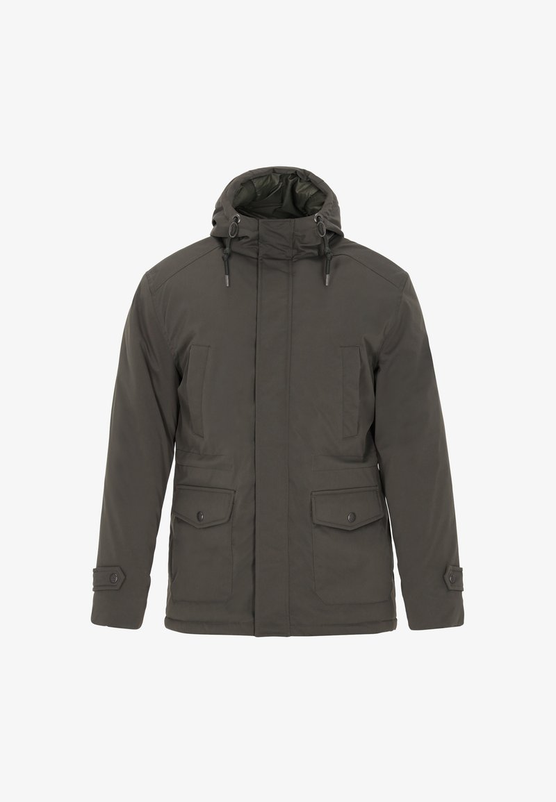 Giacca a zip verde scuro con cappuccio, due tasche sul petto, polsini regolabili e una texture di tessuto liscia. Presenta lacci sul cappuccio.