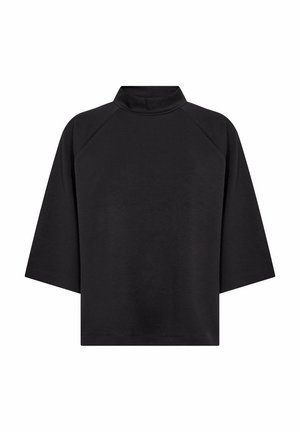 Top noir à coupe ample avec des manches trois-quarts et un col montant court, fabriqué en tissu lisse.