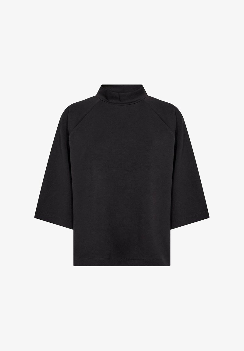 Schwarzes locker sitzendes Oberteil mit Dreiviertelärmeln und kleinem Stehkragen, aus glattem Stoff gefertigt.