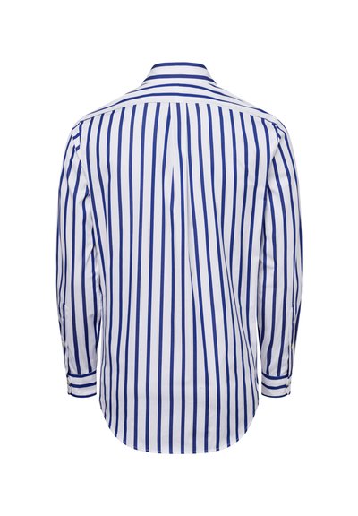 Langärmliges Hemd in Weiß mit vertikalen blauen Streifen, ausgestattet mit einem klassischen Kragen und Knopfmanschetten, mit einem abgerundeten Saum am unteren Rand.