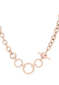 Kraftig halskæde i rosaguld med flere sammenkædede cirkulære led og en togglåse til sikker bæring. Glat metaloverflade.