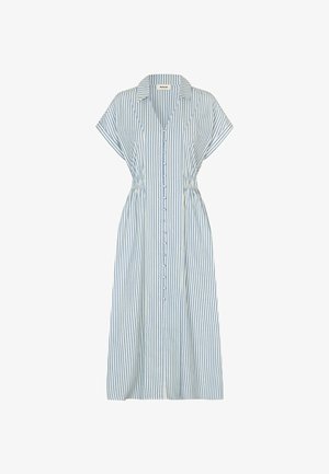 Rochie midi rayată cu mâneci scurte, cu închidere prin nasturi în față și talie elastică. Fabricată dintr-un material ușor, prezintă dungi verticale albastre și albe.