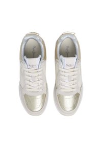 White sneakers with a metallic gold accent, featuring a textured upper, textured laces, and a durable rubber sole. Logo on tongue visible.
