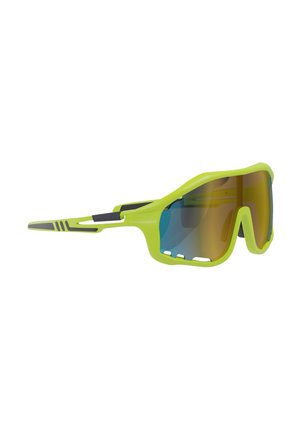 Hellgrüne Sport-Sonnenbrille mit überlappender reflektierender blau-gelber Linse und belüftetem Rahmen, entwickelt für den aktiven Einsatz im Freien.