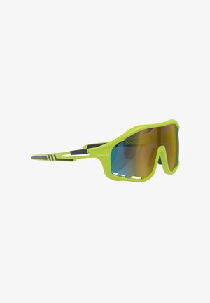 Hellgrüne Sport-Sonnenbrille mit überlappender reflektierender blau-gelber Linse und belüftetem Rahmen, entwickelt für den aktiven Einsatz im Freien.
