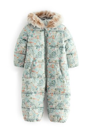 Light blue floral baby snowsuit with front zipper, two side pockets, and a hood trimmed with beige faux fur.