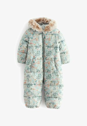 Combinaison de neige pour bébé bleu clair à motifs floraux, avec fermeture éclair à l'avant, deux poches latérales et une capuche ornée de fausse fourrure beige.