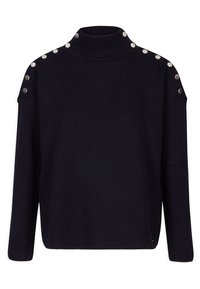 Navy turtleneck sweater met lange mouwen, voorzien van zilveren knoopaccenten op de schouders, van textuur gebreid stof. Eenvoudige, ontspannen pasvorm.