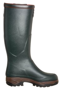 Green rubber knee-high boot with textured surface, brown rubber sole, and rounded toe. Features a reinforced top edge for durability.