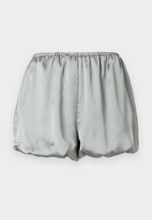 Světle šedé saténové šortky s řaseným elastickým pasem a volným, mírně nafouklým střihem.