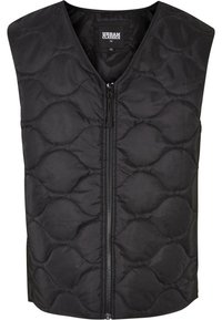 Černá prošívaná vesta s výstřihem do V, zipem na přední straně a texturovaným vzorem oválných tvarů. Navržena pro pohodlí a teplo, bez rukávů.