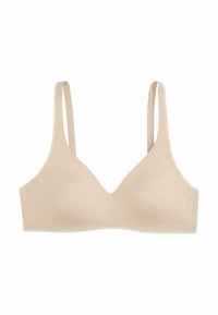 Sujetador inalámbrico beige con tirantes ajustables, tela suave, escote en forma de V y ribete de banda elástica con marca.