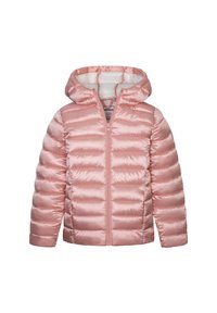 Gepolsterte rosa Jacke mit glänzender Textur, Kapuze und Frontreißverschluss. Horizontal gestepptes Muster mit elastischen Bündchen, entworfen für Wärme.