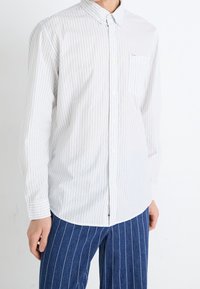 Camicia abbottonata bianca con strisce verticali azzurro chiaro, dotata di colletto, maniche lunghe, tasca e vestibilità regolare.