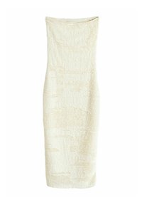 Robe midi crème sans bretelles avec une surface texturée, silhouette ajustée et tissu lisse. Sans embellissements ni motifs supplémentaires.