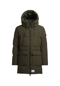 Olivengrøn pufferjakke med hætte, der har lynlås, to store forlommer og et logo patch nederst.