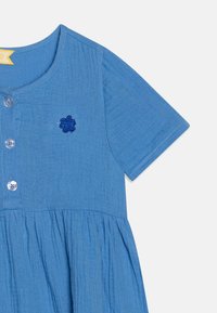Blå bomulls kjole med korte ermer, med knappestolpe og små blå blomst broderi. Pliert bunn gir tekstur.