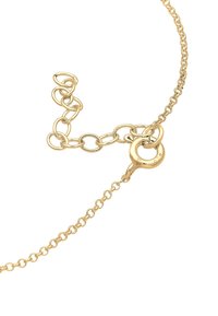 Goldkette mit einem Karabinerhaken und verstellbaren Gliedern. Sie hat eine glänzende Textur und ineinandergreifende, kreisförmige Glieder.