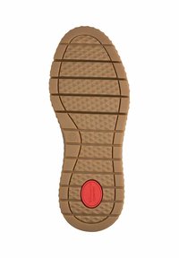 Semelle de chaussure en caoutchouc de couleur tabac avec une adhérence texturée et à motif. Dispose d'un accent rouge marqué "CONFORT." Taille indiquée : 37.