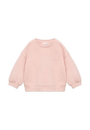 Sweatshirt rose en coton avec un col rond, des poignets côtelés et une broderie en forme d'étoile sur la poitrine gauche. Texture douce et coupe décontractée.