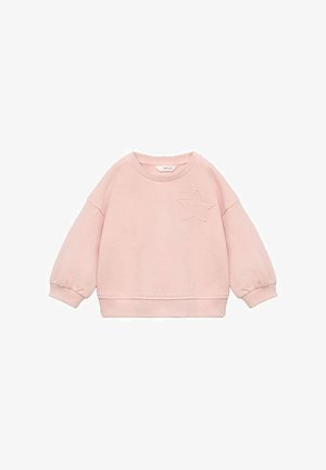 Vaaleanpunainen puuvillaneule, jossa on pyöreä kaulus, resorit hihansuissa ja tähdenmuotoinen brodeeraus vasemmassa rinnassa. Pehmeä tekstuuri ja rento istuvuus.