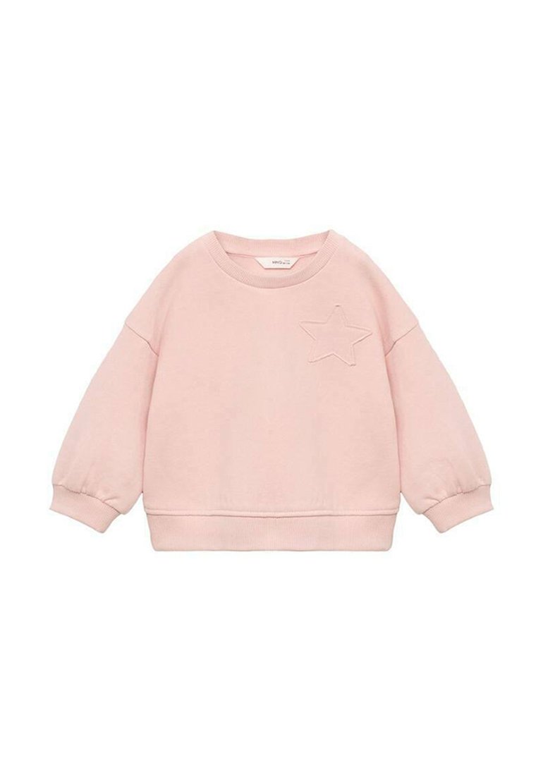 Vaaleanpunainen puuvillaneule, jossa on pyöreä kaulus, resorit hihansuissa ja tähdenmuotoinen brodeeraus vasemmassa rinnassa. Pehmeä tekstuuri ja rento istuvuus.