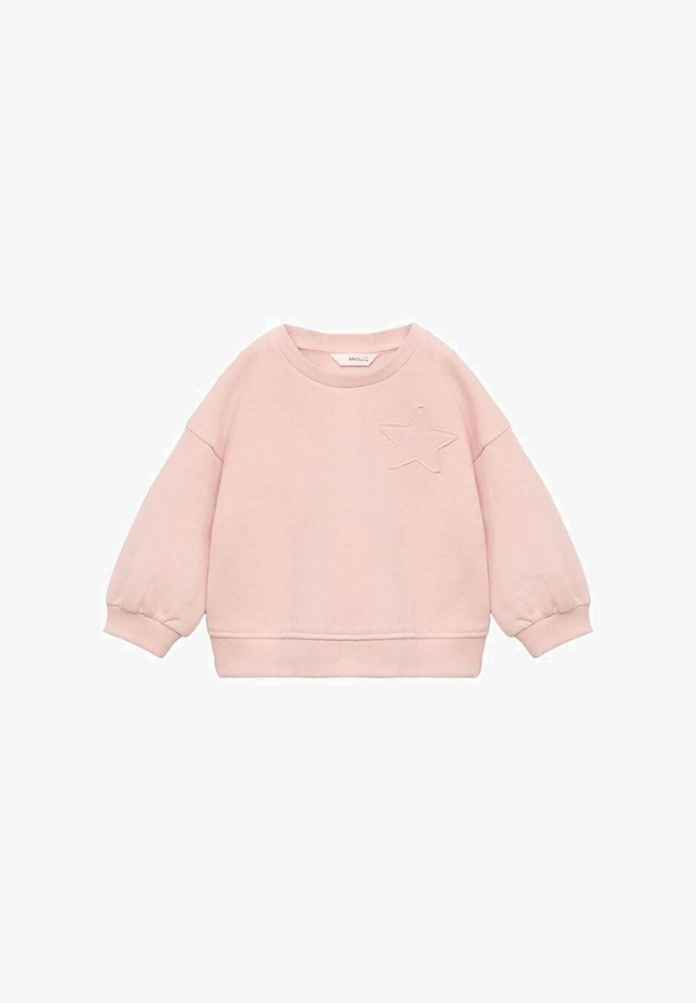 Sweatshirt rose en coton avec un col rond, des poignets côtelés et une broderie en forme d'étoile sur la poitrine gauche. Texture douce et coupe décontractée.