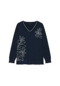 Jersey de punto en color marino con escote en V, que presenta bordados florales blancos en el lado izquierdo, puños con borde ondulado y detalle en el dobladillo.