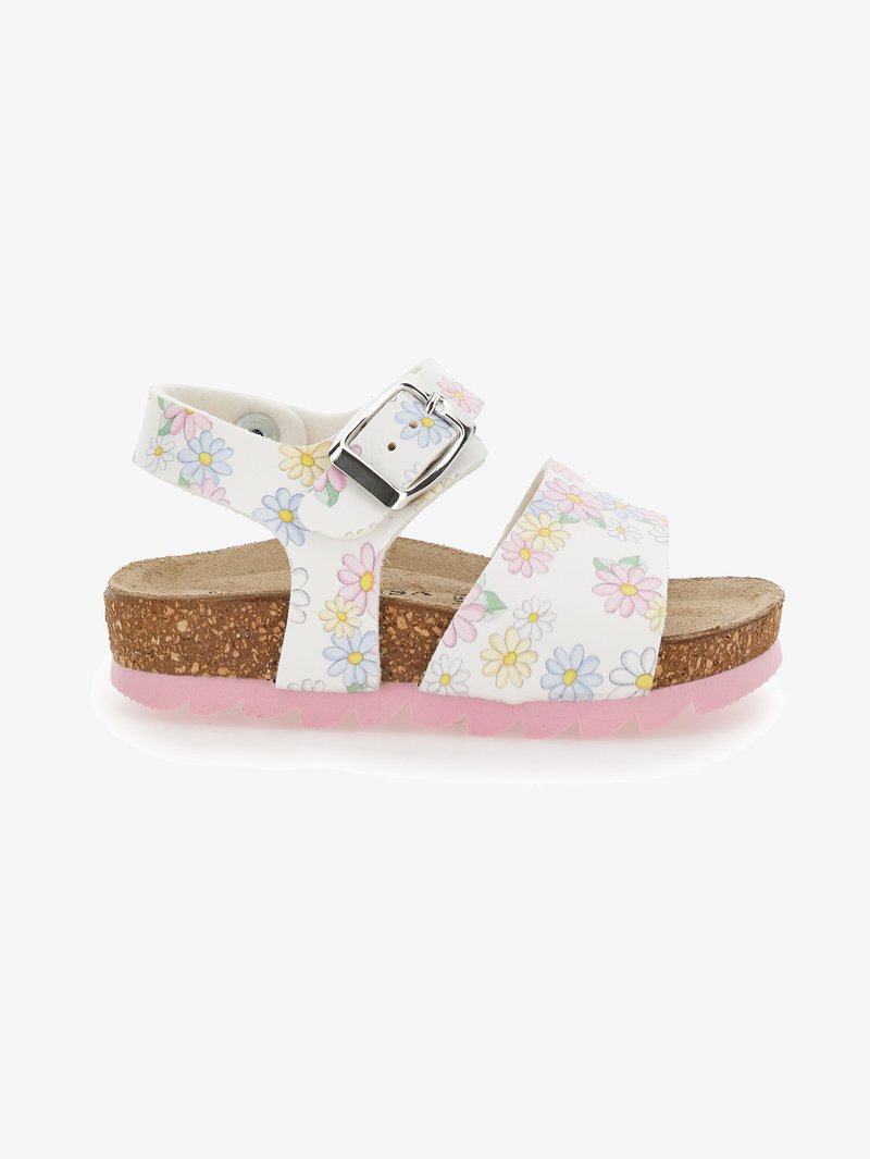 Sandalias blancas con patrón floral rosa, hebilla ajustable, plantilla de corcho, suela de goma rosa, diseño de punta abierta y costuras decorativas.