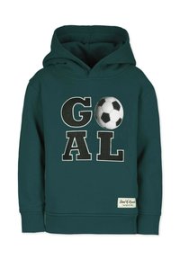 M örkgrön huvtröja med "GOAL" i stora vita och svarta bokstäver, med en grafiskt fotboll. Ribbad mudd och nederkant.