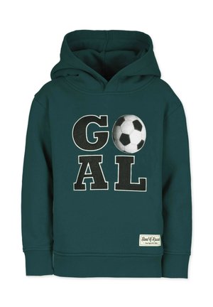 Tummanvihreä huppari, jossa on suuri "GOAL" -teksti valkoisilla ja mustilla kirjaimilla, sekä jalkapallon grafiikka. Ribbauskudot hihansuissa ja helmassa.