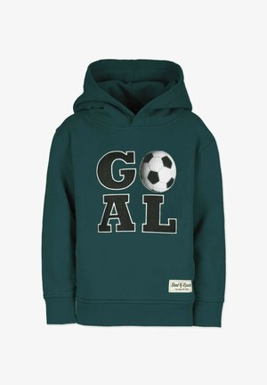Tummanvihreä huppari, jossa on suuri "GOAL" -teksti valkoisilla ja mustilla kirjaimilla, sekä jalkapallon grafiikka. Ribbauskudot hihansuissa ja helmassa.
